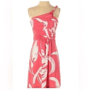 BCBG Maxazria Runched Dress Size S Small Pink White One Shoulder Mini Dress